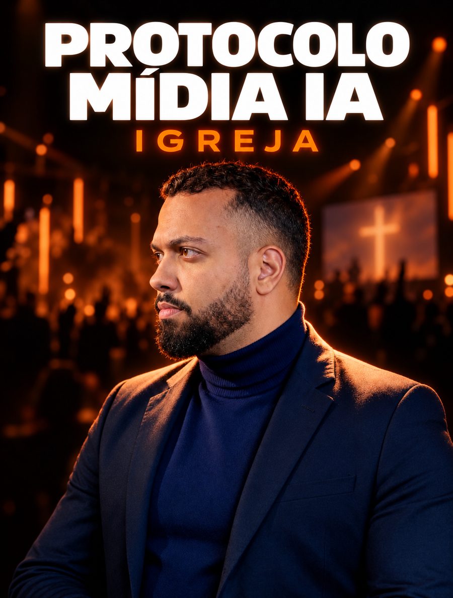 Leandro na capa do curso Protocolo Mídia IA Igreja, com palco de culto iluminado em laranja ao fundo
