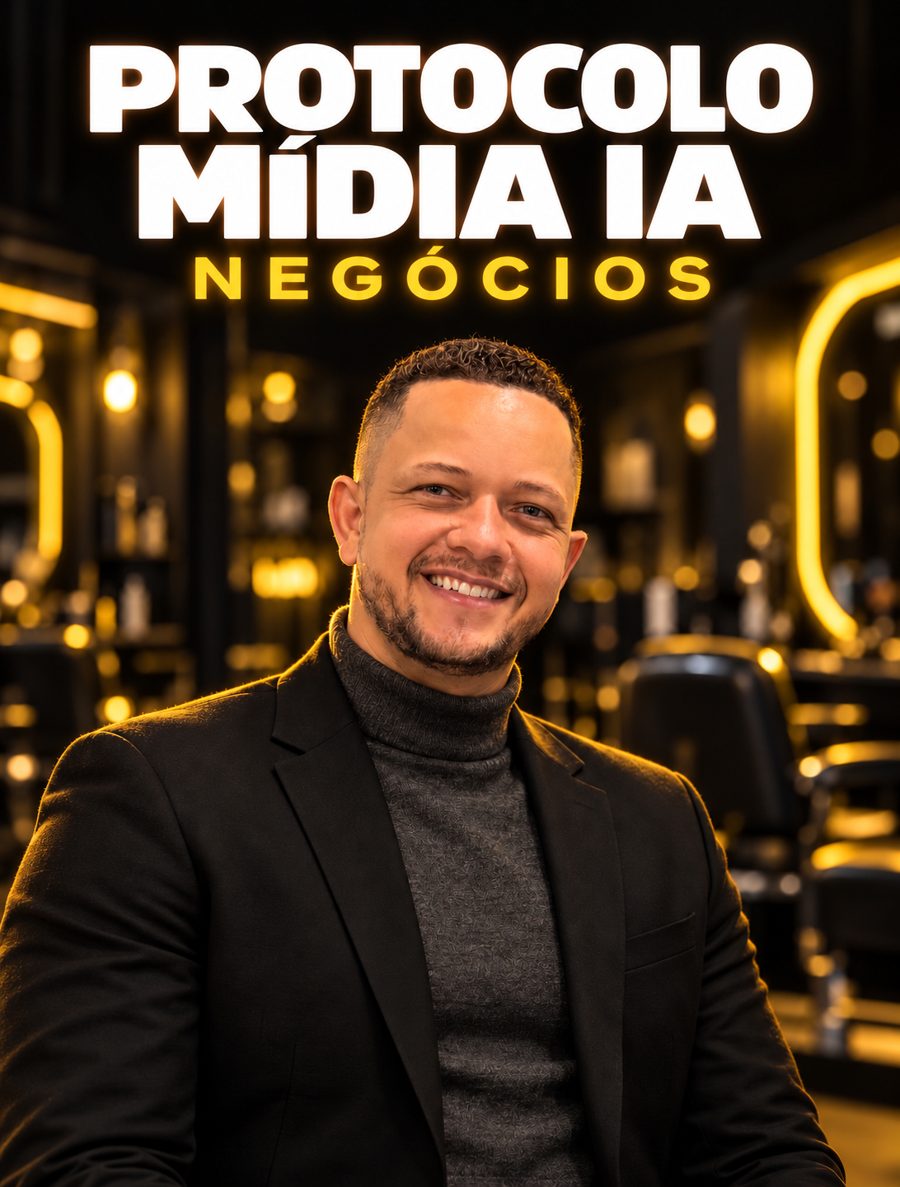 Geovane na capa do curso Protocolo Mídia IA Negócios, com uma barbearia iluminada em amarelo ao fundo